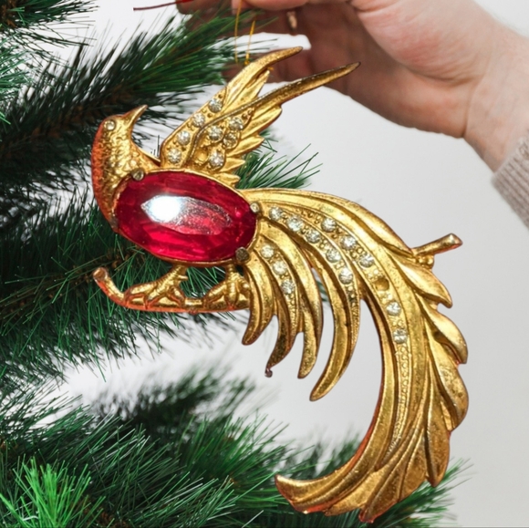 Vintage 1940 red & gold faceted rare crystal Gold plate bird of Paradise - Picture 3 of 16